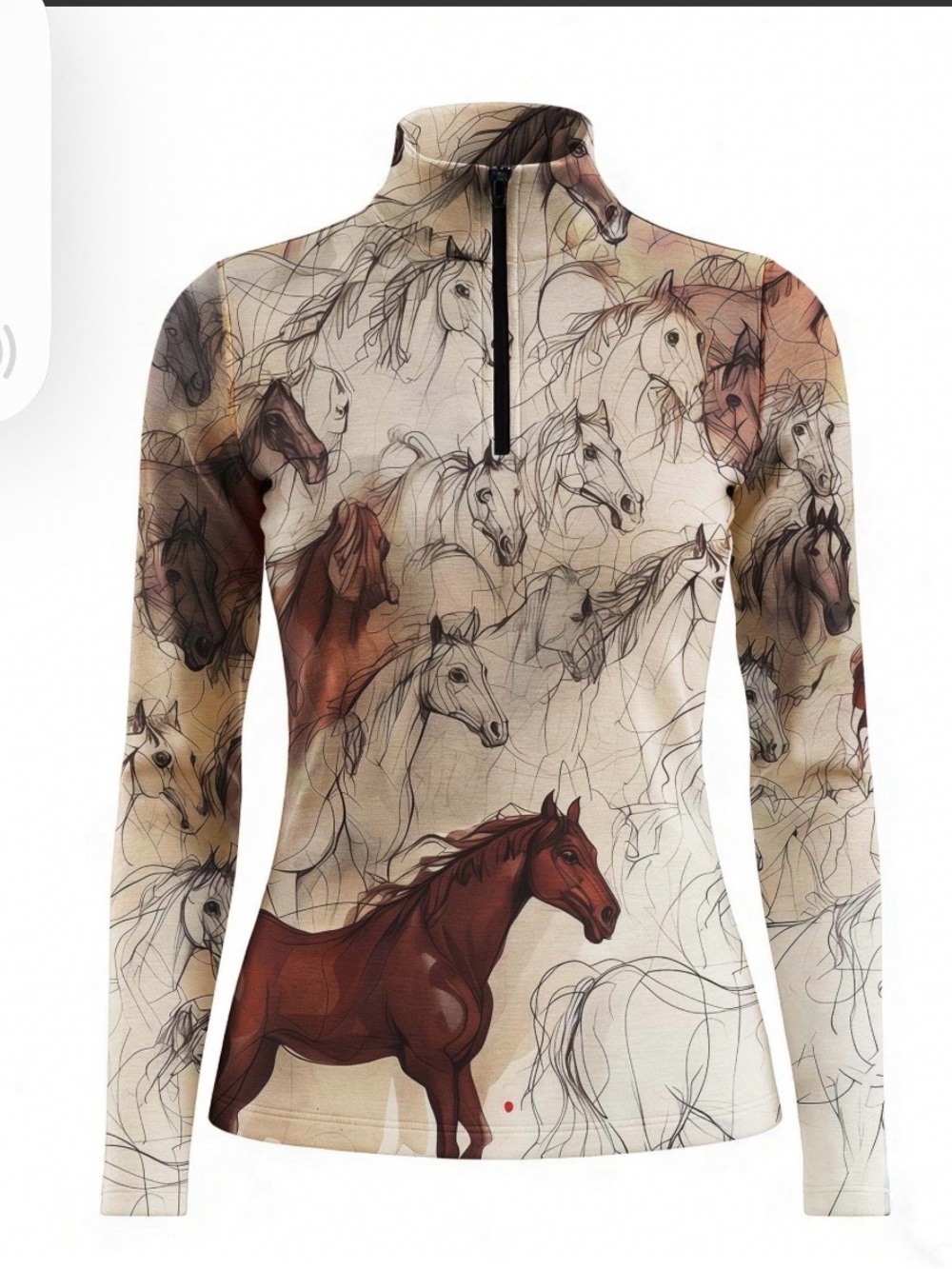 Equestrian Zip-Neck Long Sleeve Top - Beige & Brown Horse Print